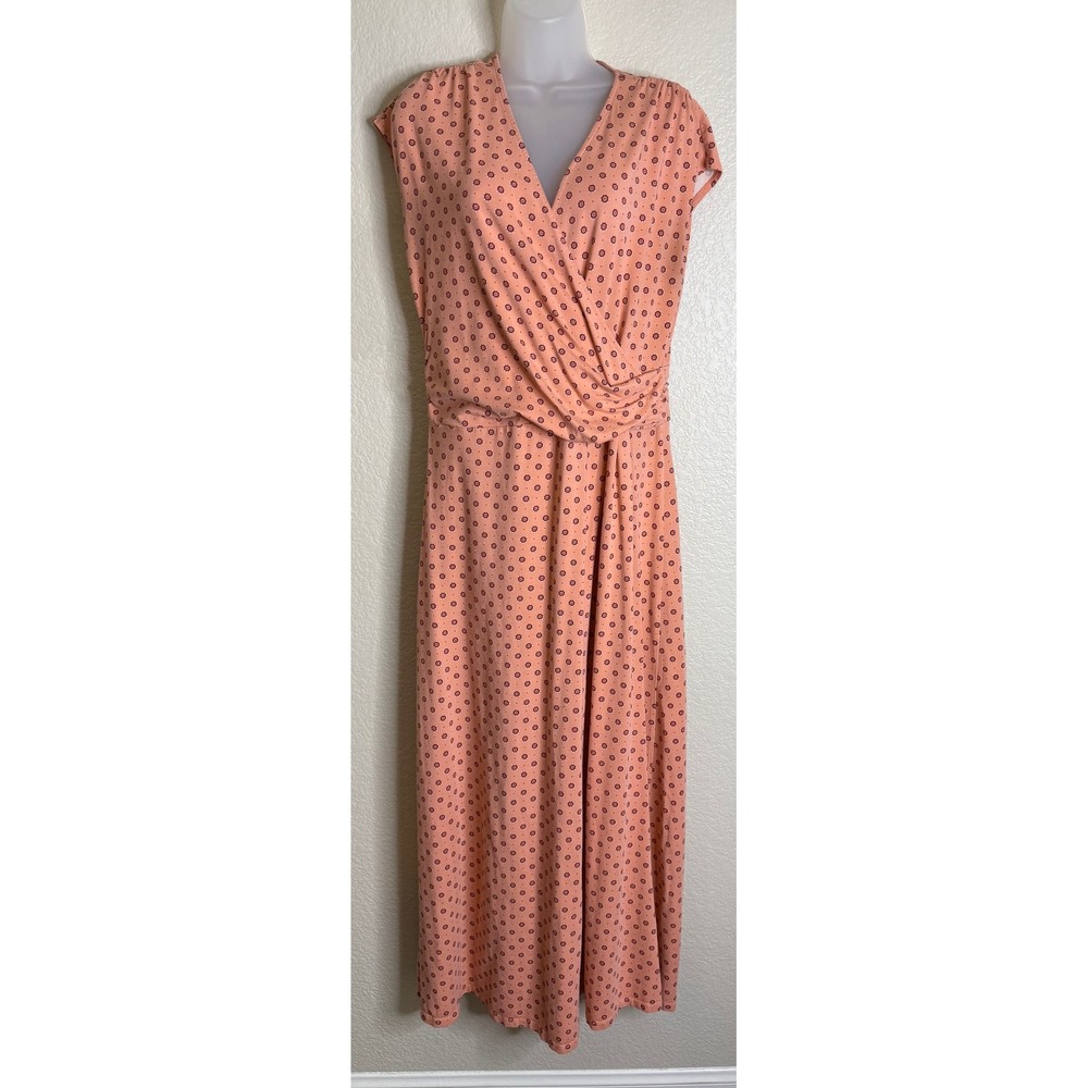 Lands End Womens M 10-12 Maxi Dress Peach Floral Pima Cotton Modal Surplice